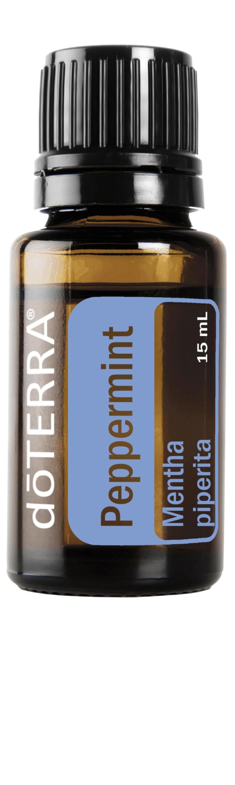 doTERRA peppermint oil bottle close-up for refreshing aroma and minty freshness.