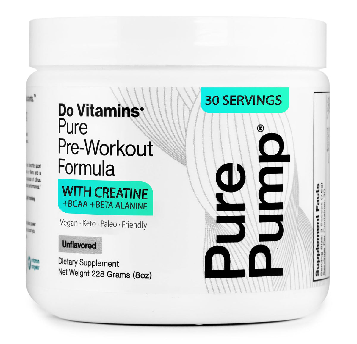 Do Vitamins PurePump unflavored powder jar for clean energy during workouts.