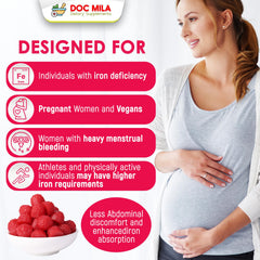 Doc Mila gummies close-up suggests gentle tummy-friendly iron support.