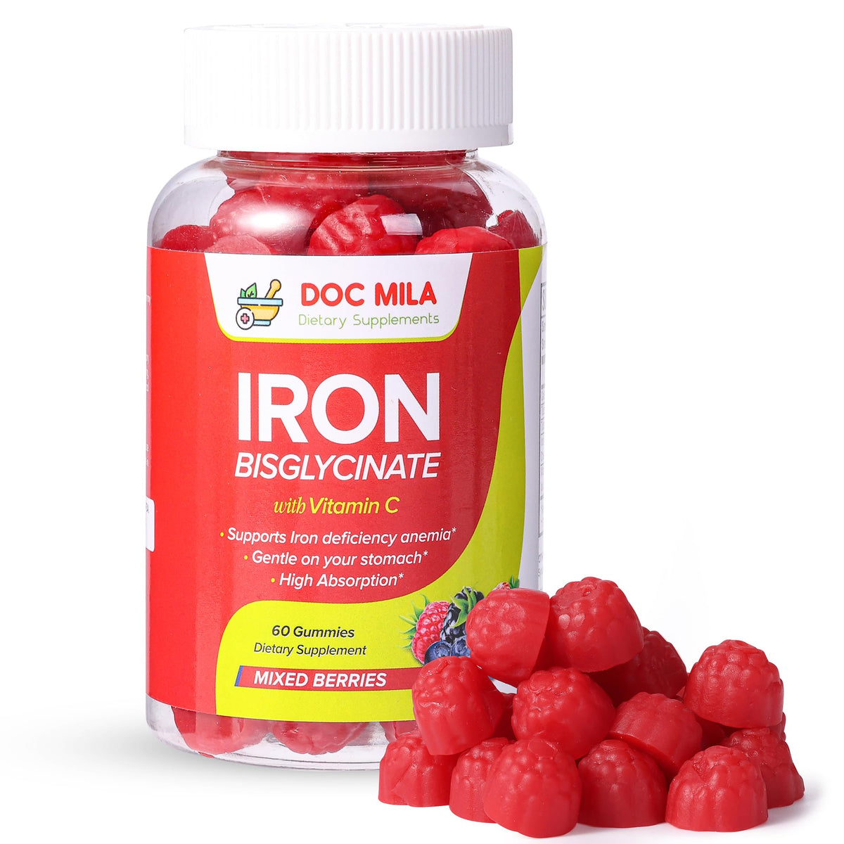 Doc Mila iron bisglycinate gummies bottle offers convenient daily iron support.
