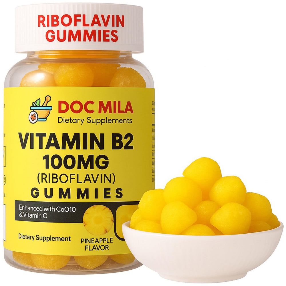 Doc Mila Vitamin B2 gummies bottle pour for convenient daily use on the go