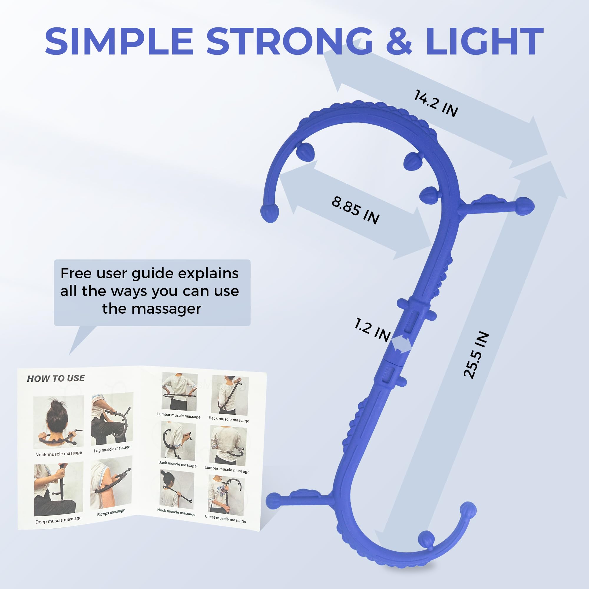 Docemel blue massage stick in action across back and shoulders