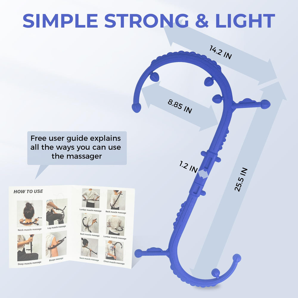 Docemel blue massage stick in action across back and shoulders