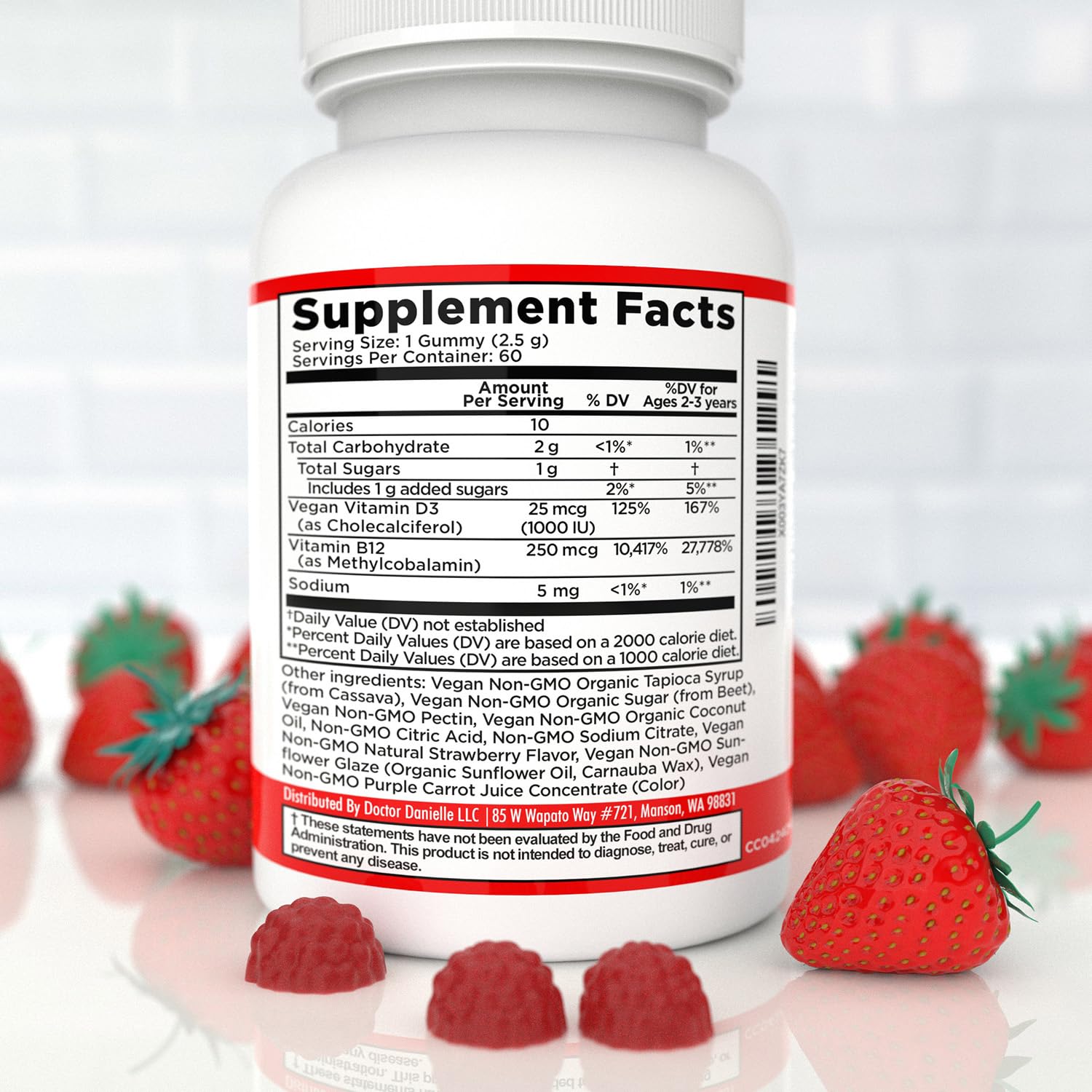 Label shows vegan lichen-derived D3 and methylcobalamin B12 in Doctor Danielle gummies