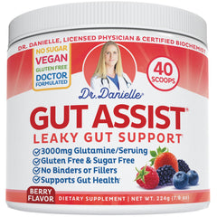 Doctor Danielle Gut Assist berry flavor bottle supports digestive comfort and leaky gut repair