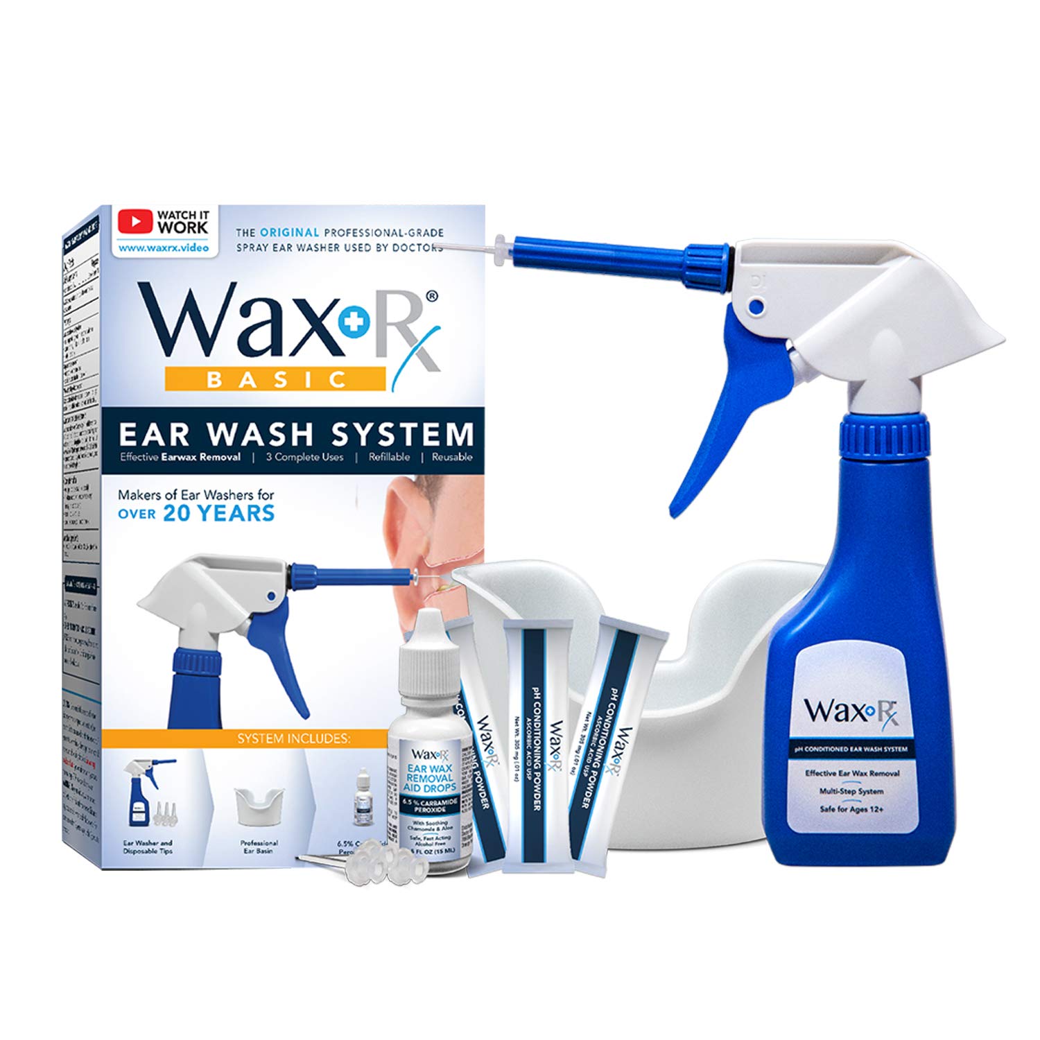 Doctor Easy Wax-Rx bottle pour demonstrating controlled at-home ear cleaning
