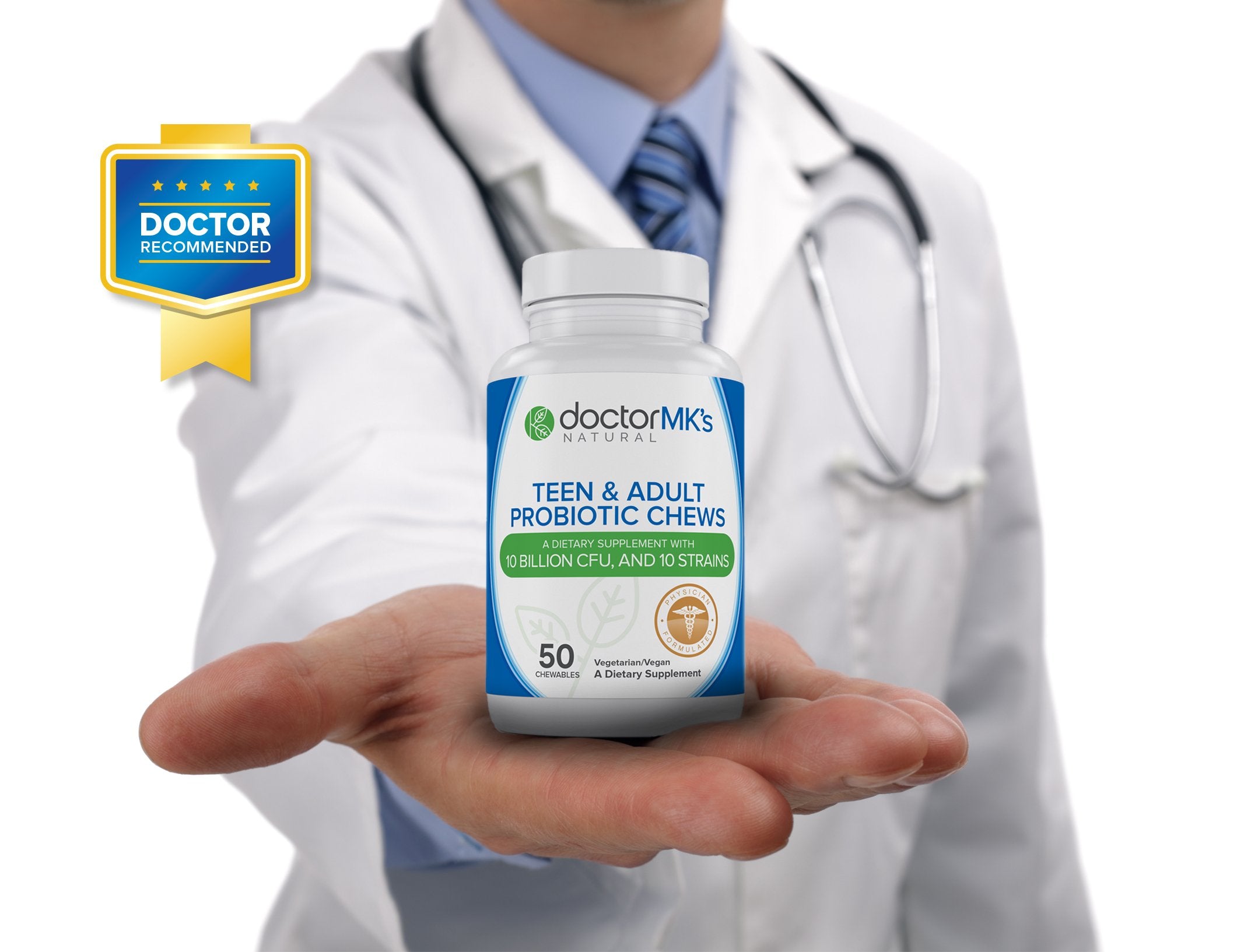 Suitable for ages 5 and up, Doctor MK's NATURAL probiotic chewables support family usage.
