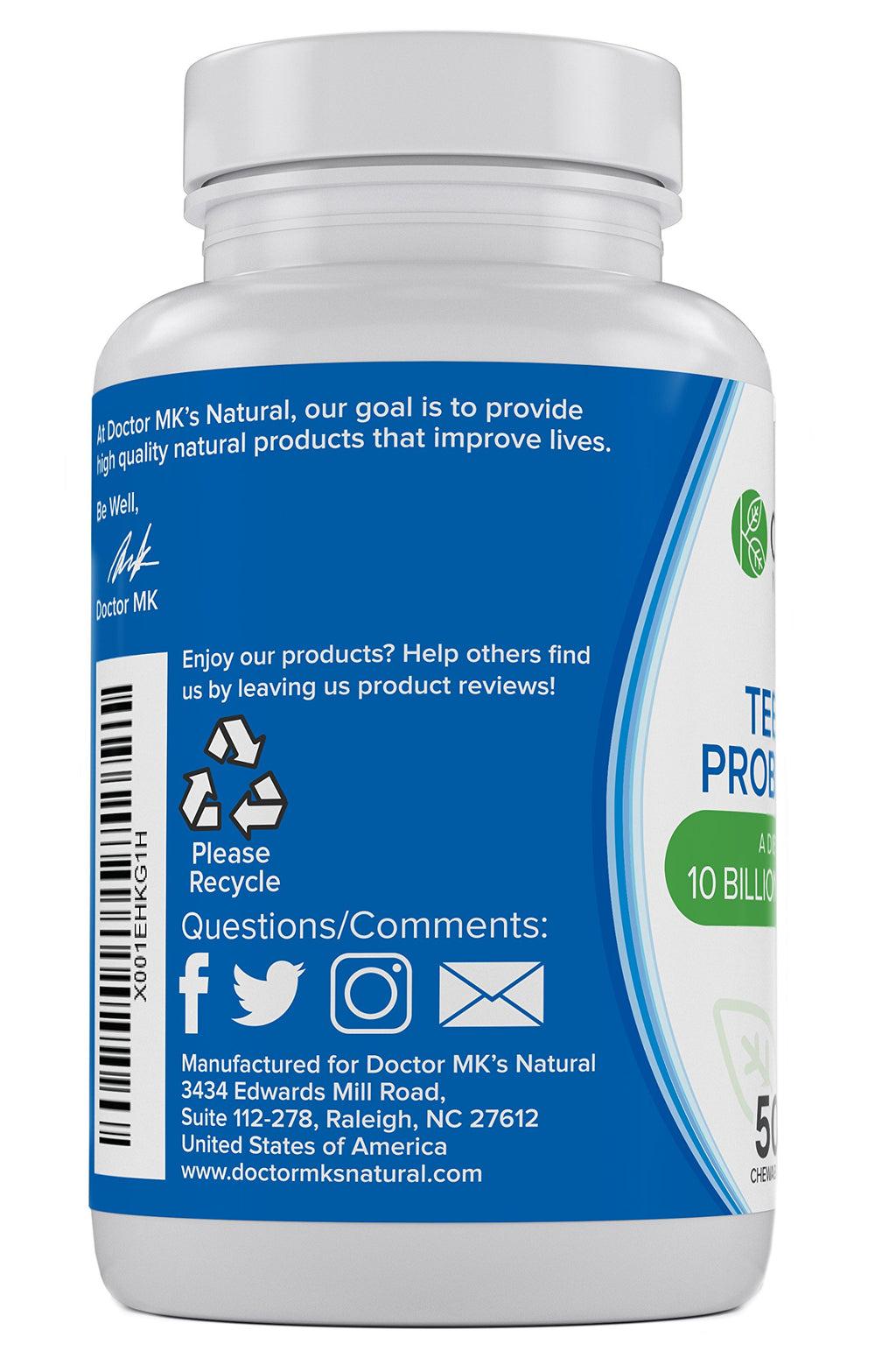 Vegan, gluten-free, sugar-free formulation from Doctor MK's NATURAL supports dietary needs.