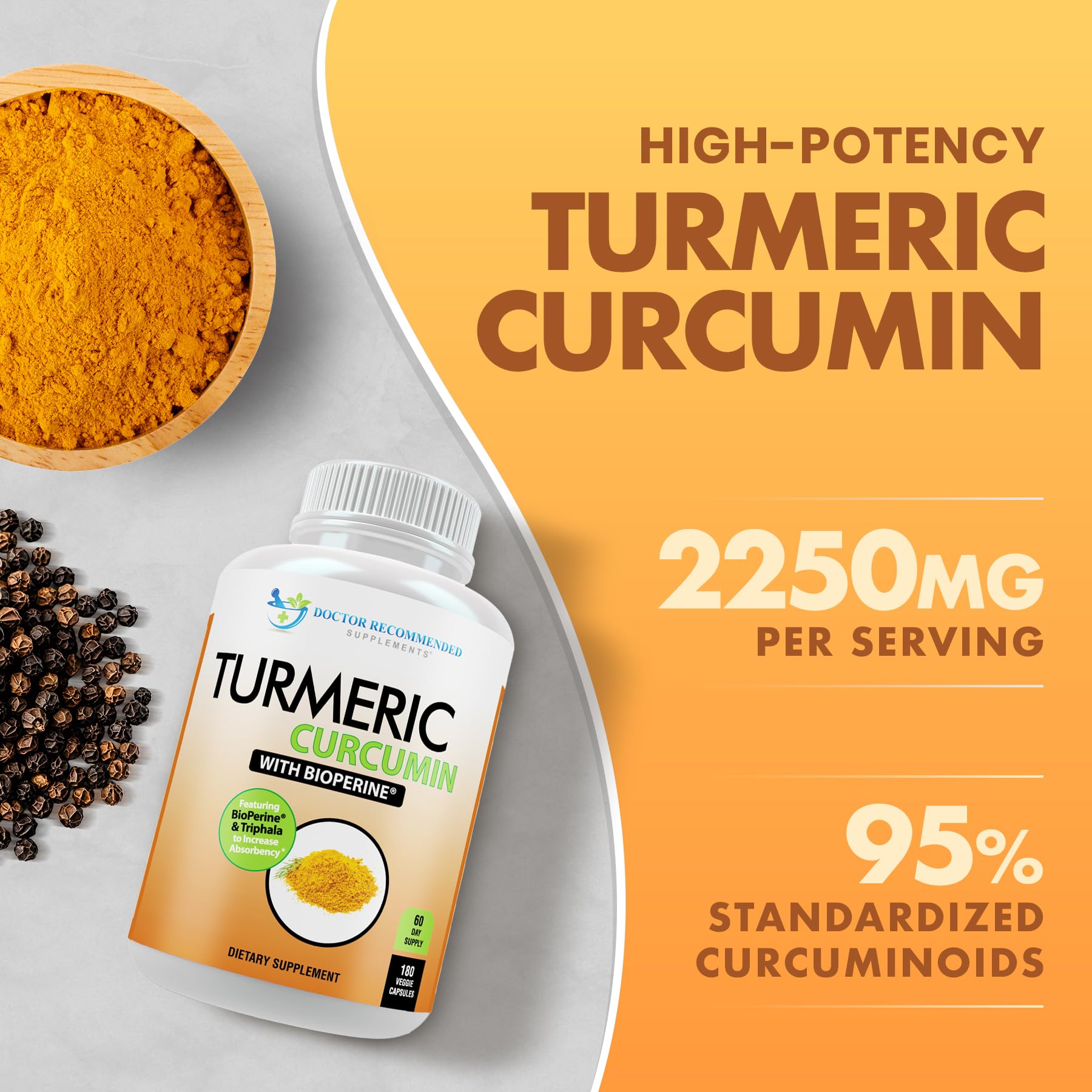 Organic turmeric packaging highlights vegan capsules and Triphala.