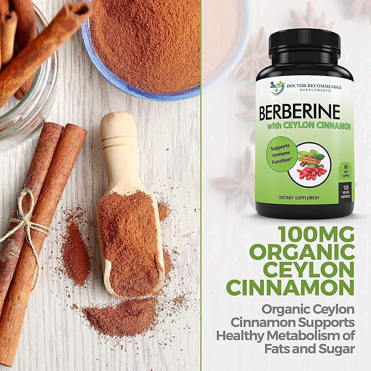 Berberine Cinnamon bottle label shows no artificial ingredients.