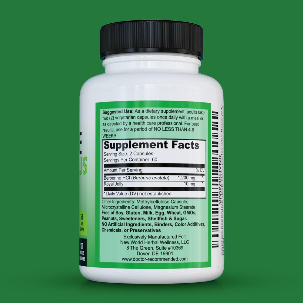 Berberine Plus capsules being poured from bottle emphasizes easy daily use.
