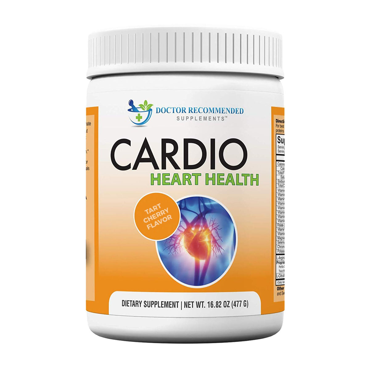 DOCTOR RECOMMENDED SUPPLEMENTS Cardio Heart Health Powder bottle showing L-Arginine and L-Citrulline for daily wellness.