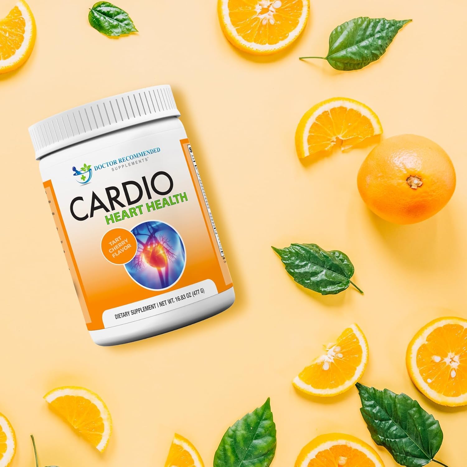 DOCTOR RECOMMENDED SUPPLEMENTS Cardio Heart Health Powder scoop showing 5000mg L-Arginine and 1000mg L-Citrulline.