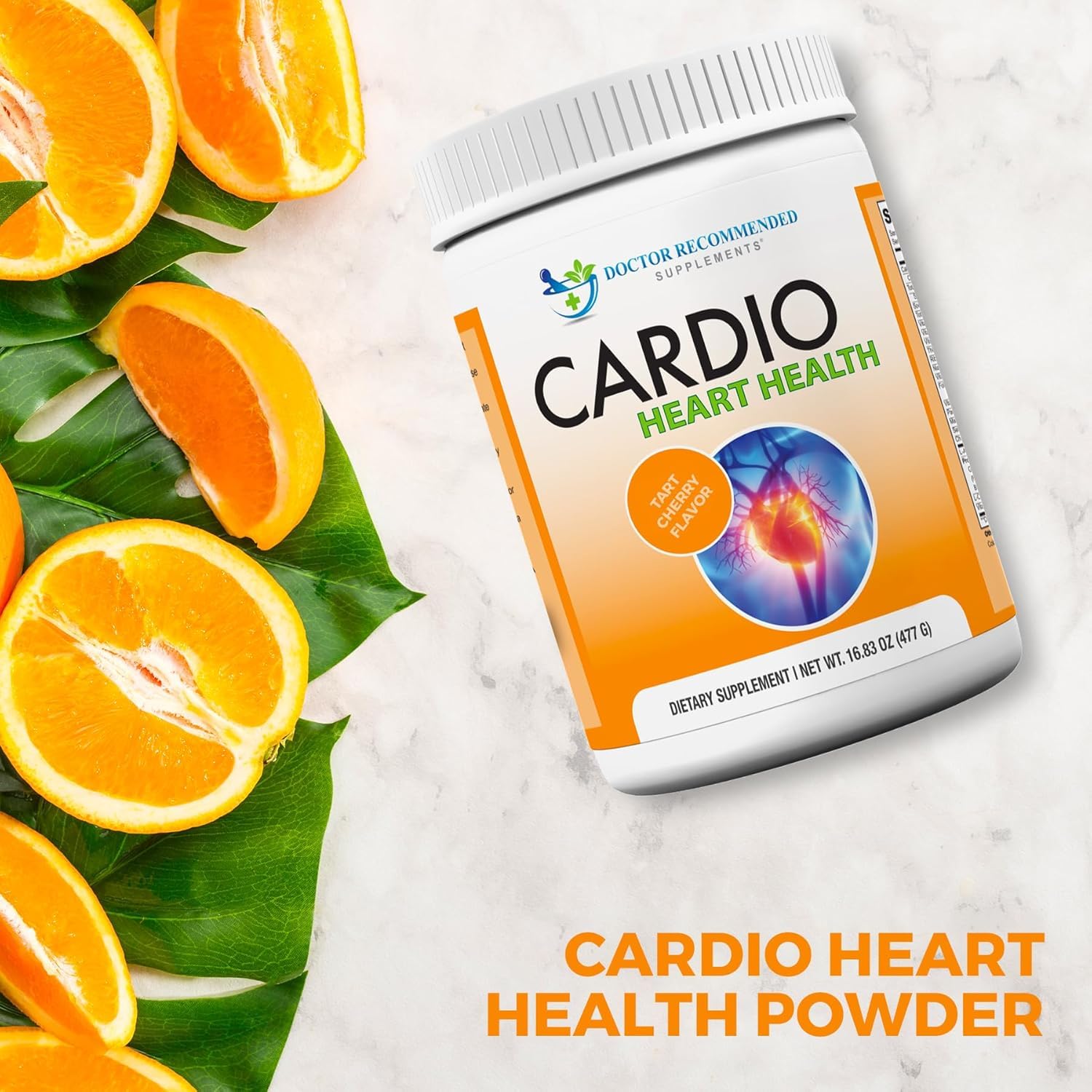 Label design on Cardio Heart Health Powder emphasizing USA-made quality.