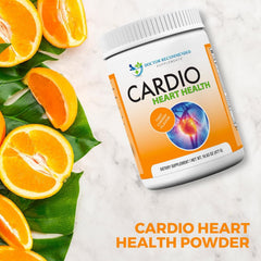 Label design on Cardio Heart Health Powder emphasizing USA-made quality.