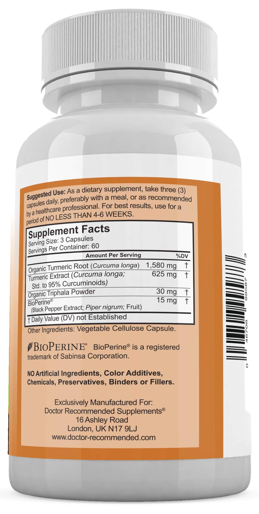 Turmeric Curcumin bottle label closeup highlights BioPerine and Triphala.