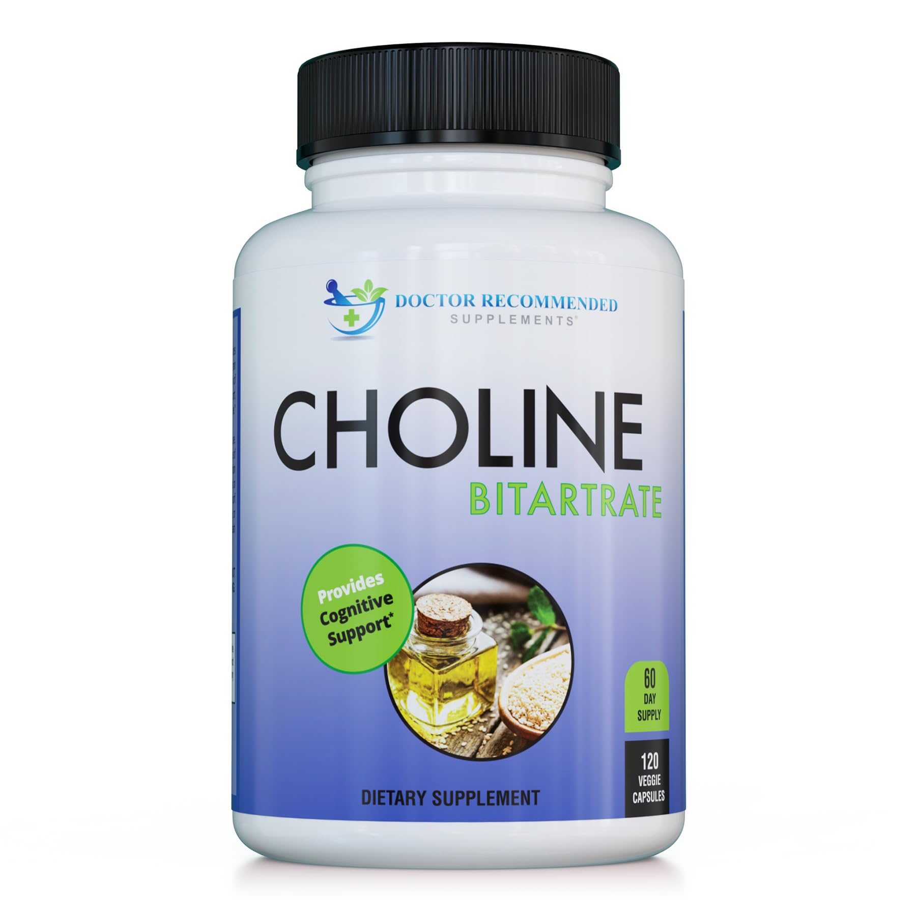 Doctor Recommended Supplements premium choline bottle view highlighting cognitive support potential.