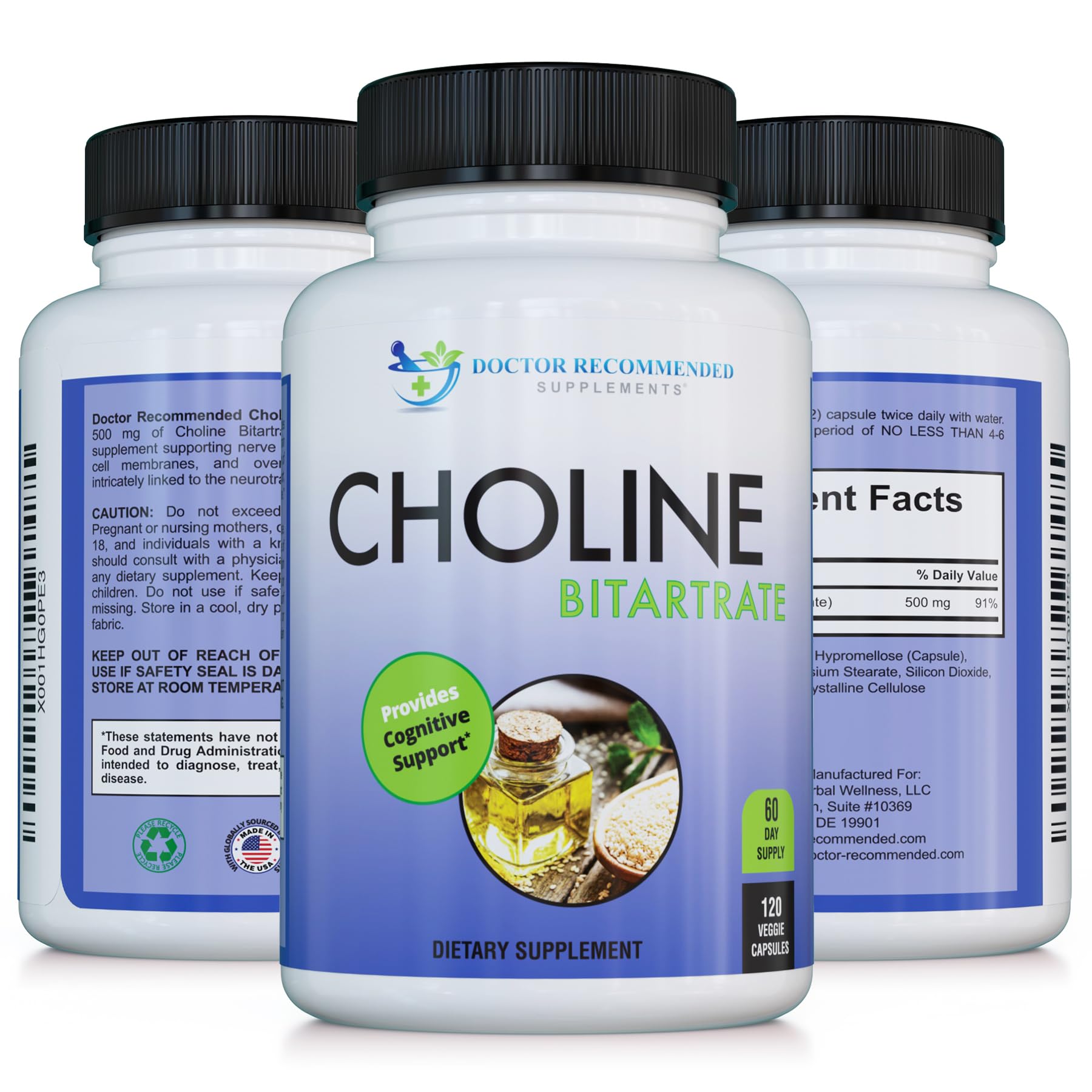 Doctor Recommended Supplements premium choline in-hand view for everyday focus.