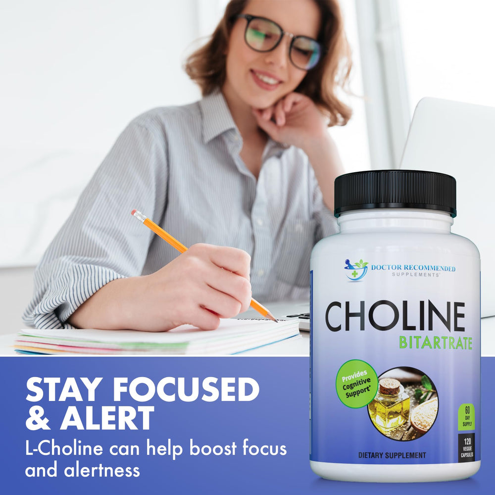 Doctor Recommended Supplements premium choline label detail showing vegan gluten-free notes.