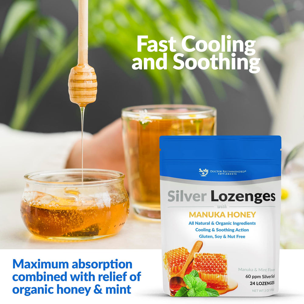 Bottle close-up showing silver lozenges purity