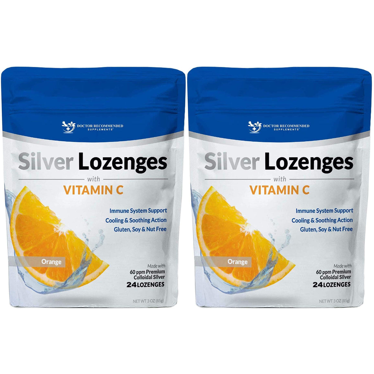 DOCTOR RECOMMENDED SUPPLEMENTS silver lozenges orange flavor soothe throat and support immune comfort.