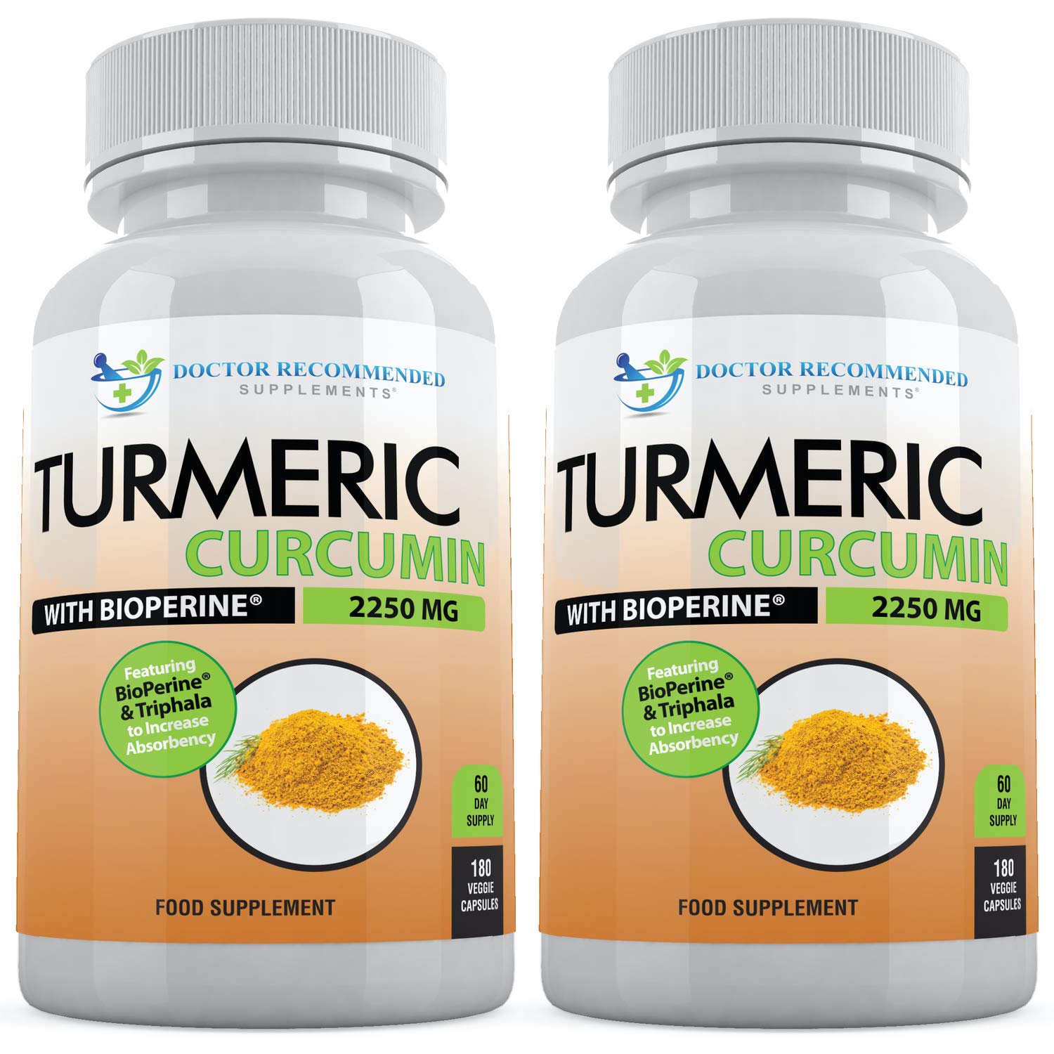 Doctor Recommended Supplements Turmeric Curcumin bottle with pour showing easy dosing.