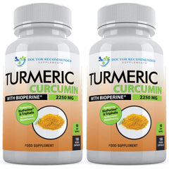 Doctor Recommended Supplements Turmeric Curcumin bottle with pour showing easy dosing.