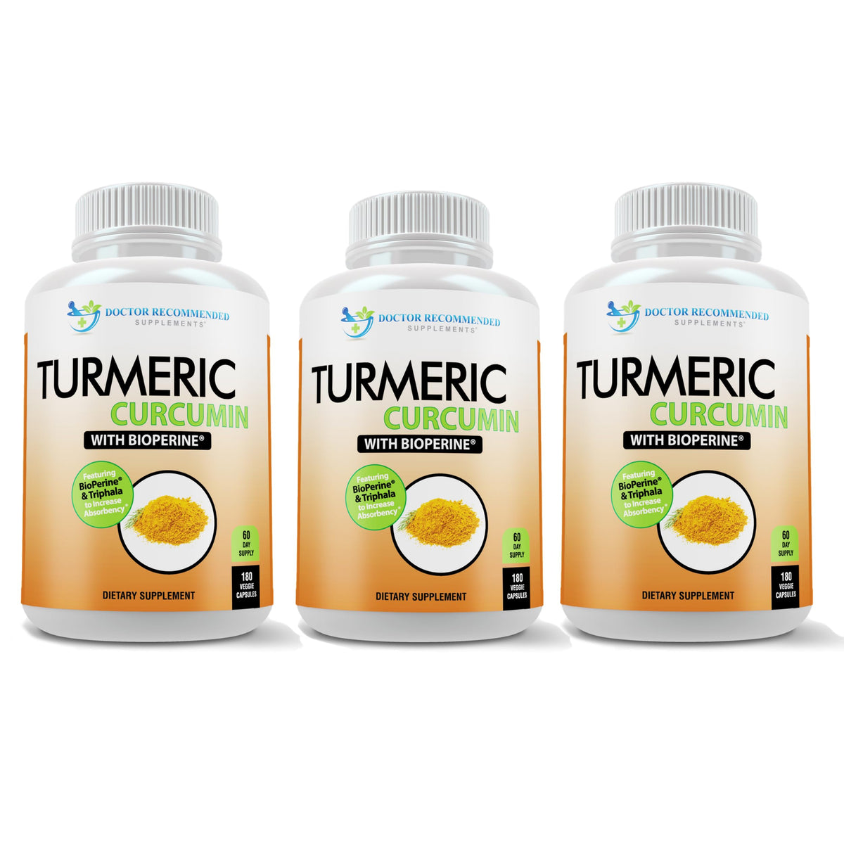 DOCTOR RECOMMENDED SUPPLEMENTS Turmeric capsules bottle — high-potency daily wellness.
