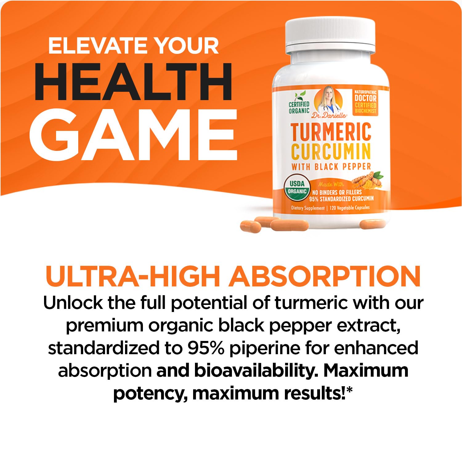 Doctor Danielle turmeric capsules closeup in vegan veggie caps.