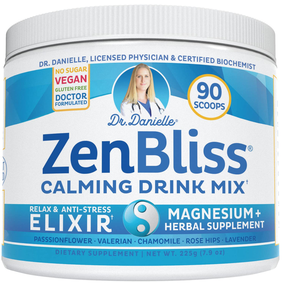 Doctor Danielle Zenbliss bottle highlights a calming magnesium drink for relaxed evenings.