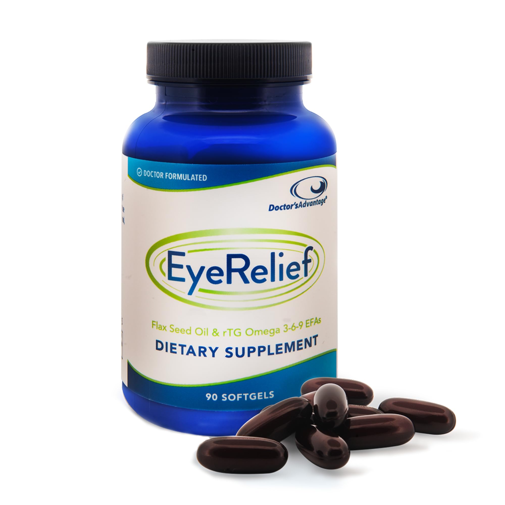 Doctor's Advantage Eye Relief softgels bottle front, 90-count, supporting eye health.