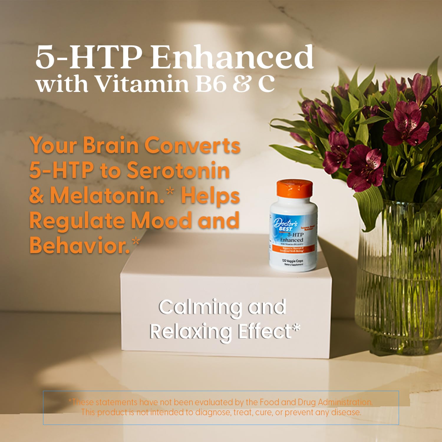 Doctor's Best 5-HTP bottle on shelf with B6 and C cofactors.
