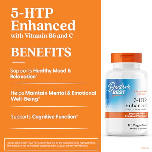 Doctor's Best 5-HTP label detail showing vegan, non-GMO formula for serotonin balance.