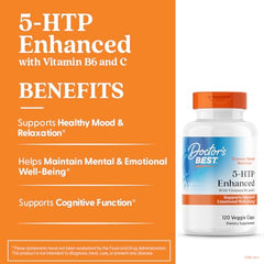 Doctor's Best 5-HTP label detail showing vegan, non-GMO formula for serotonin balance.
