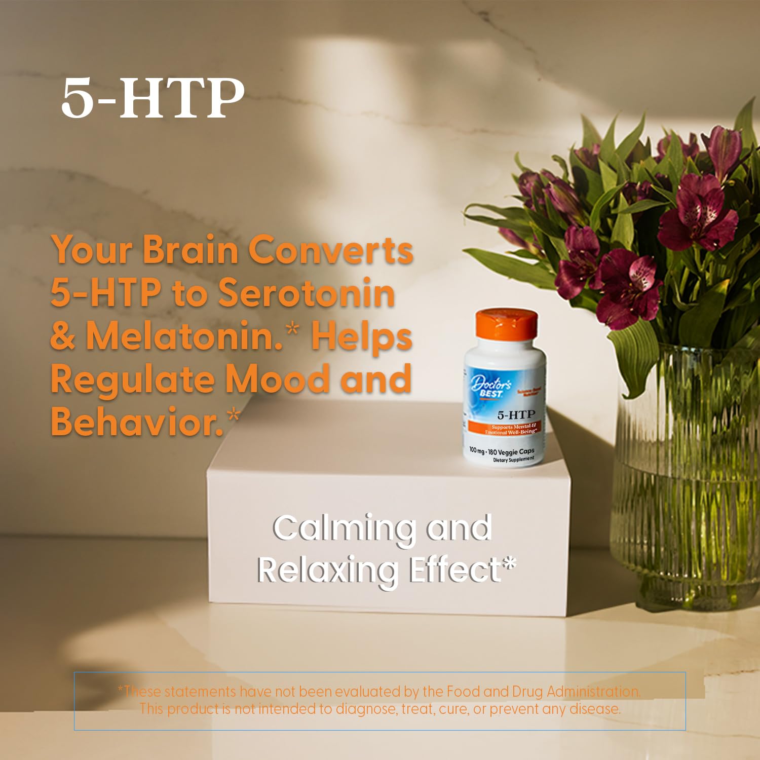 Doctor’s Best 5-HTP mood and focus visuals imply daily support.