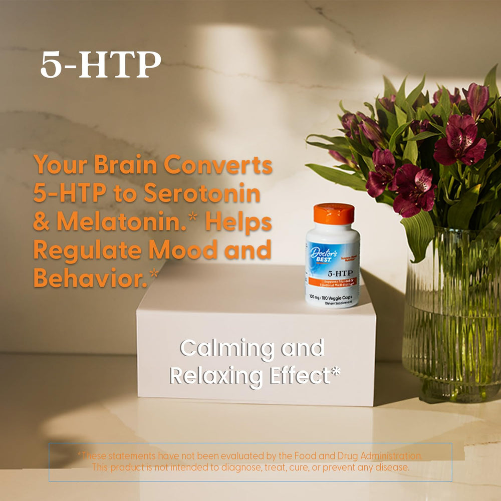 Doctor’s Best 5-HTP mood and focus visuals imply daily support.