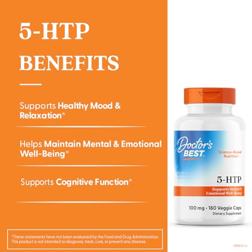 Doctor’s Best 5-HTP veggie caps close-up highlighting vegan capsules.