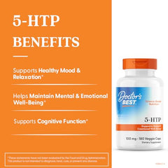 Doctor’s Best 5-HTP veggie caps close-up highlighting vegan capsules.