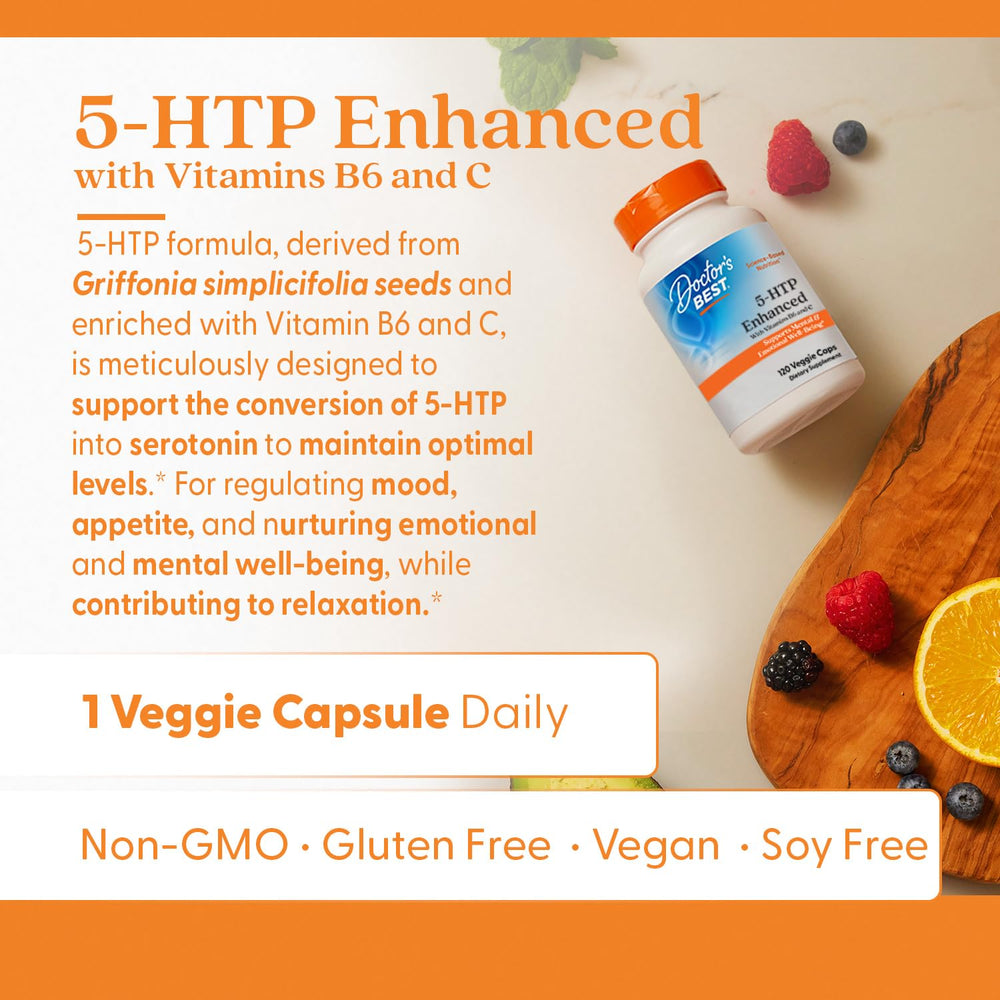 Doctor's Best 5-HTP veggie caps pack for daily mood and sleep support.