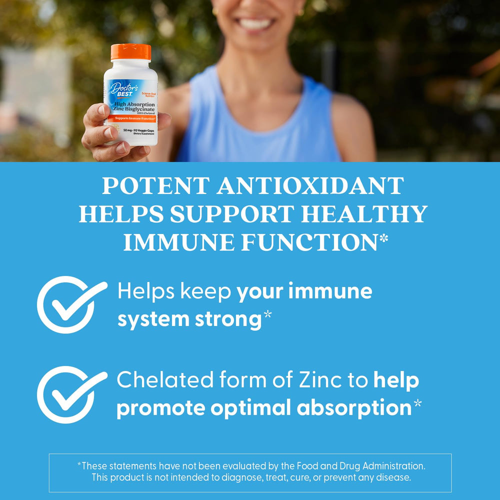 Doctor's Best 90-count zinc bisglycinate packaging shows convenient monthly supply.