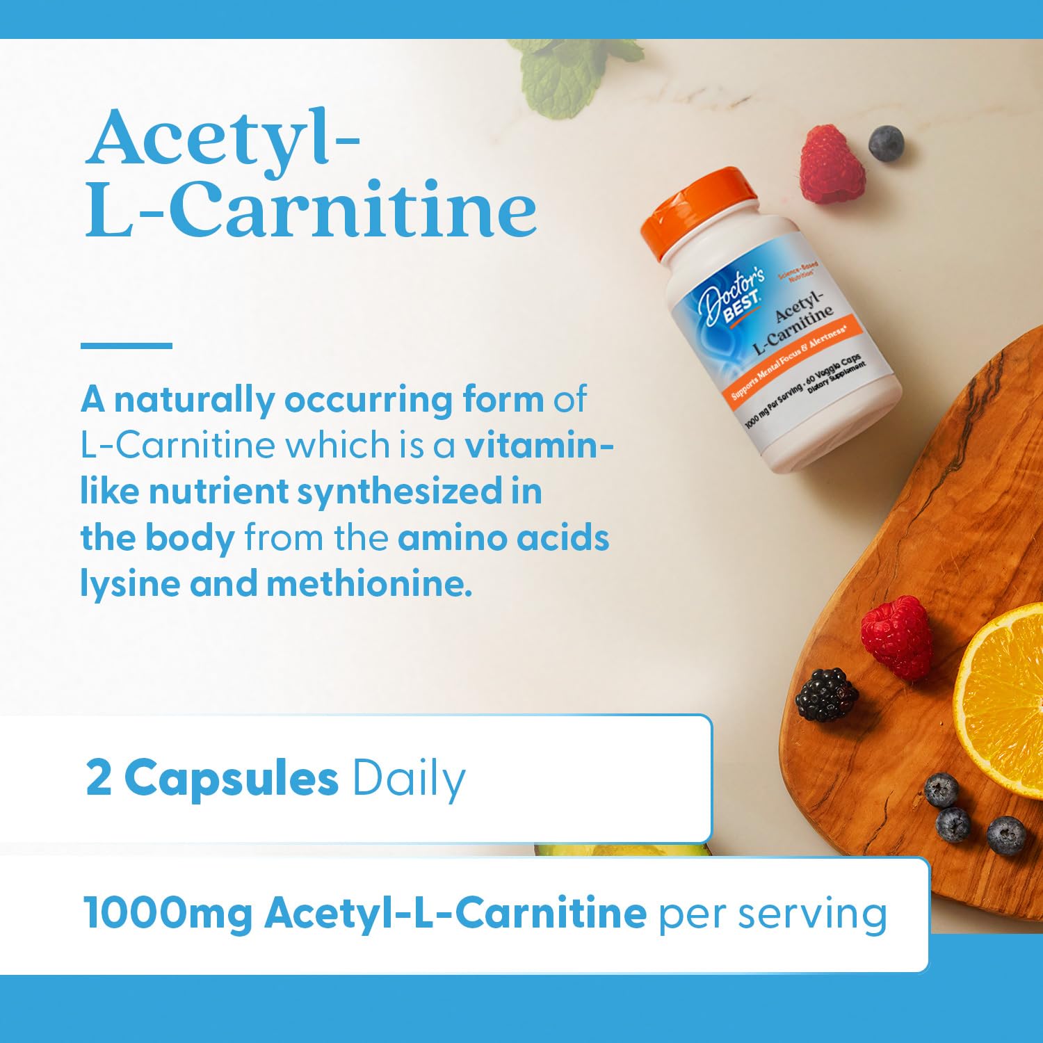 Doctor's Best Acetyl-L-Carnitine bottle with cap removed revealing capsules.