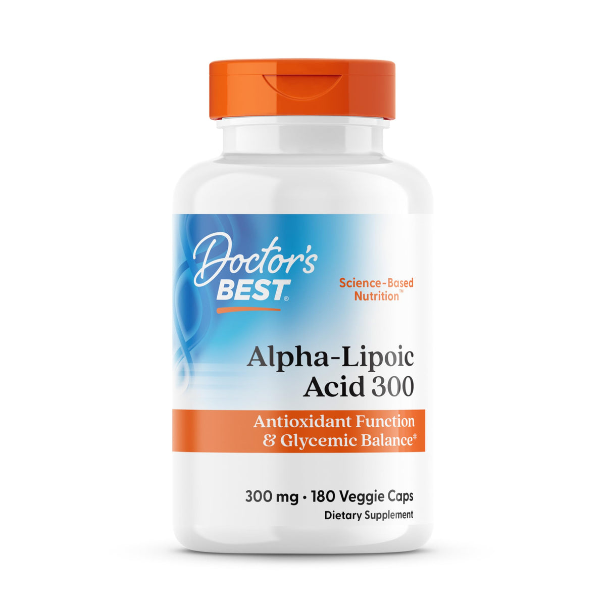 Doctor's Best alpha-lipoic acid 300mg bottle on shelf supports antioxidant defense.