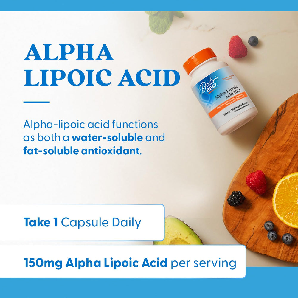 Doctor's Best Alpha-Lipoic Acid veggie caps in bottle show vegan capsule form