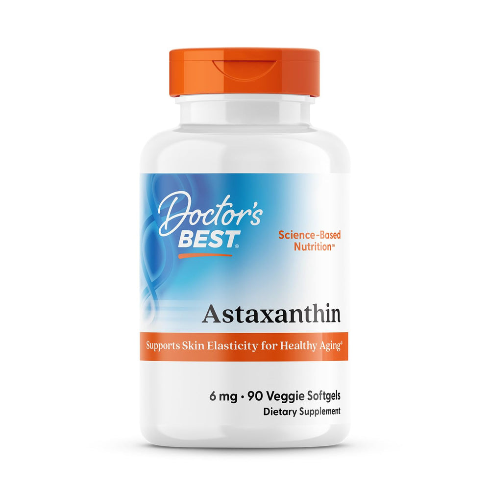 Doctor's Best Astaxanthin astareal softgels in bottle, suggesting skin hydration and antioxidant support.