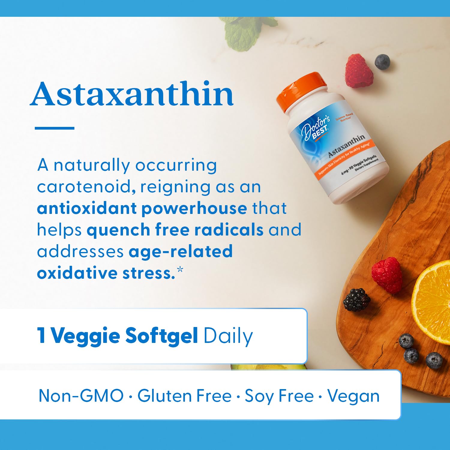 Doctor's Best Astaxanthin packaging label emphasizes non-GMO and gluten-free formula.