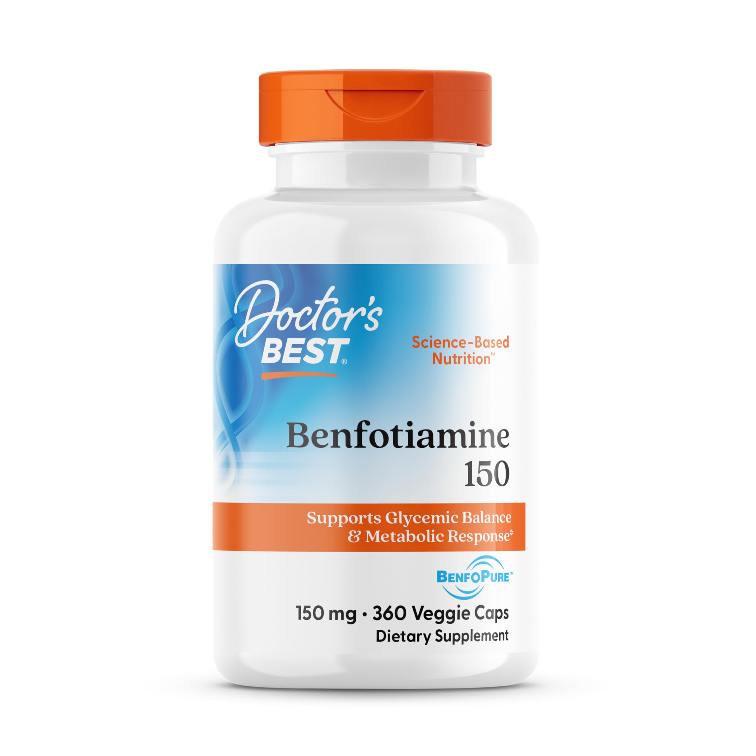Doctors Best Benfotiamine 150 bottle front with capsules for daily glucose support.