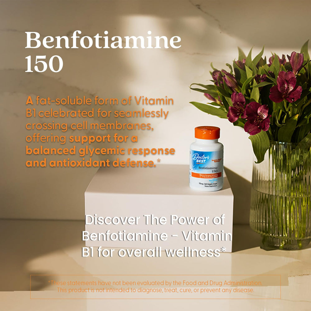 Graphic featuring Doctor's Best Benfotiamine 150 with circulation and aging themes.