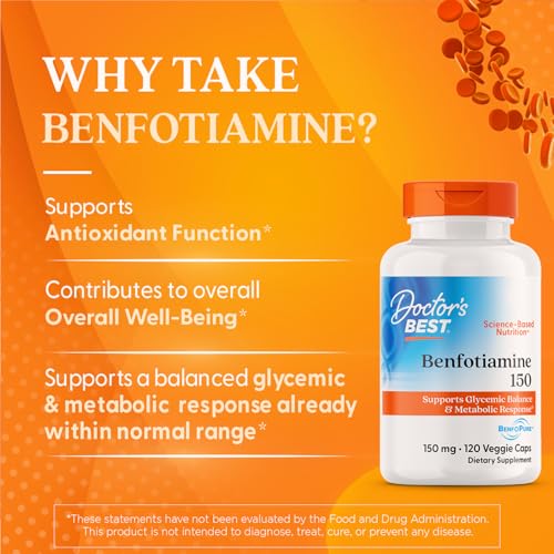 Doctor's Best Benfotiamine bottle with glass indicating antioxidant defense support