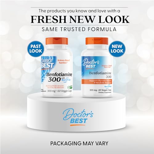 Closeup of Doctor's Best Benfotiamine capsules highlighting vegan-friendly veggie caps