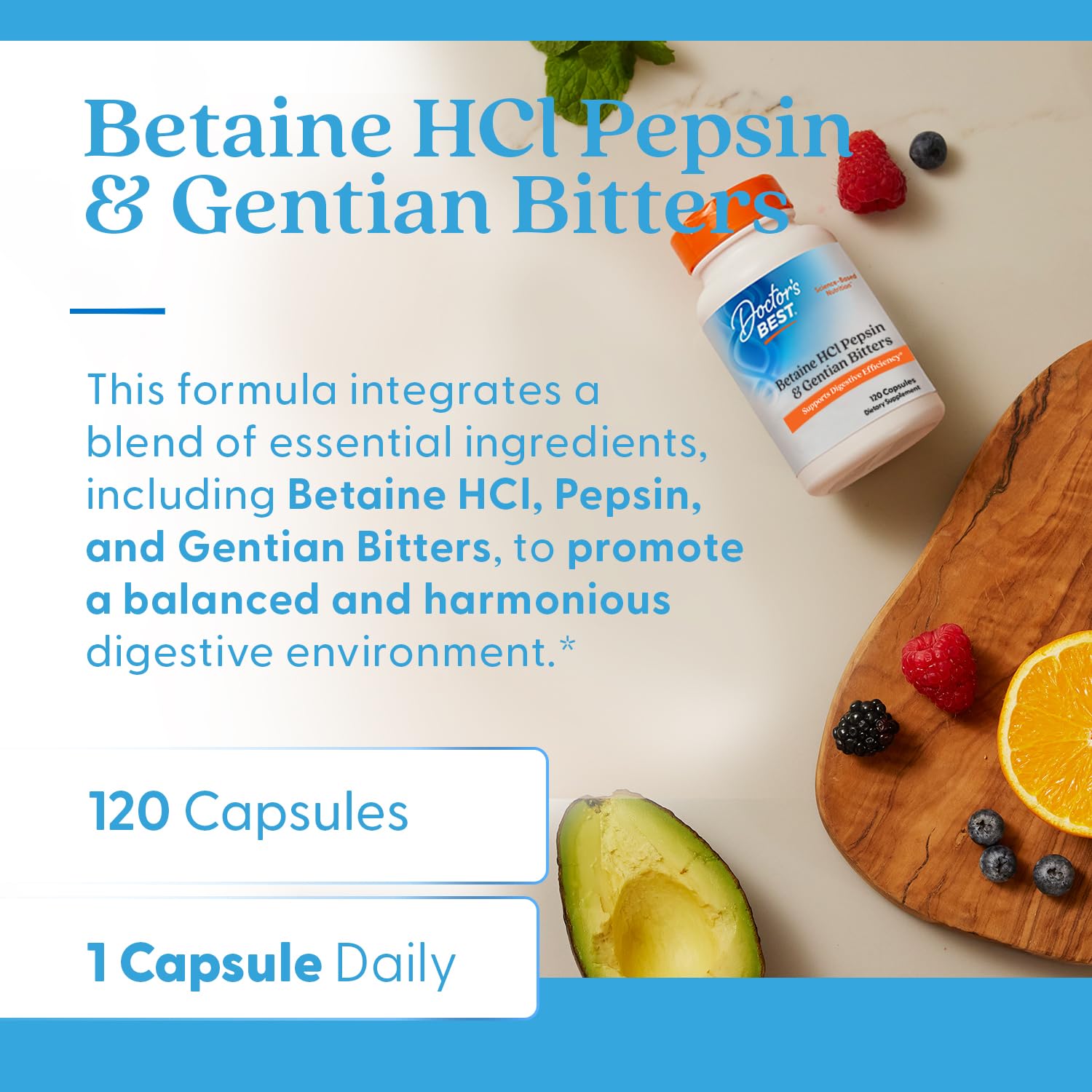 Doctors Best Betaine HCl Pepsin Gentian Bitters bottle label displays digestive enzyme blend